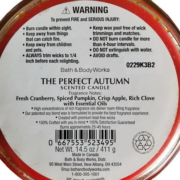 Bath & Body Works 3 Wick Candle Scent THE‎ PERFECT AUTUMN 14.5 OZ -DISCONTINUED - Picture 2 of 2